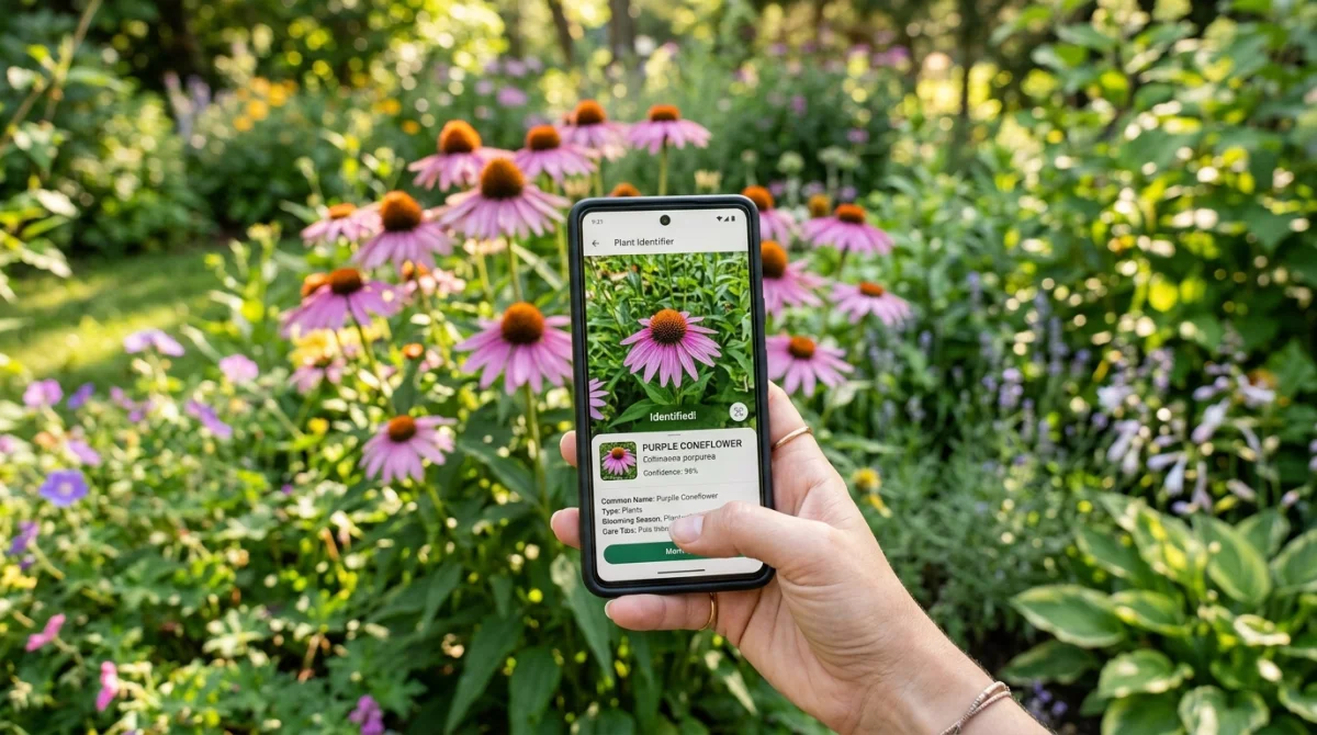 Main tenant smartphone avec application de reconnaissance de plantes dans un jardin ensoleillé