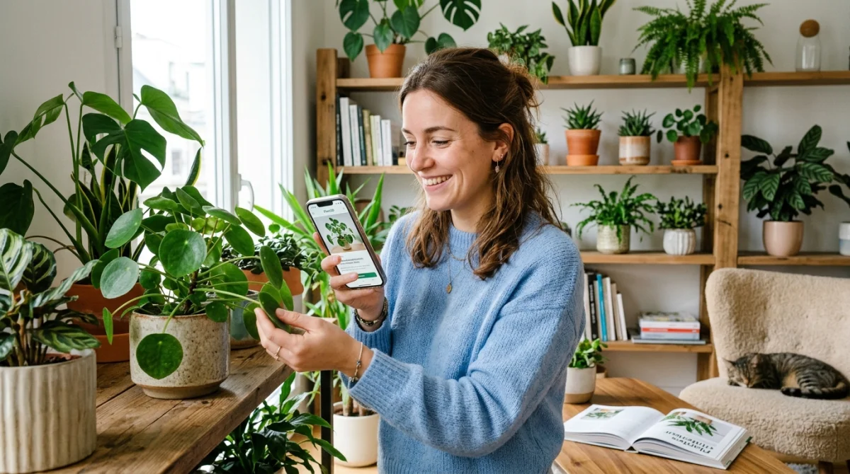 Femme souriante identifiant une plante d'intérieur avec une application mobile gratuite sur smartphone.