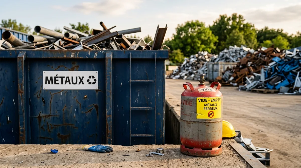 Bouteille de gaz vide dans une benne à métaux pour reprise sans consigne.