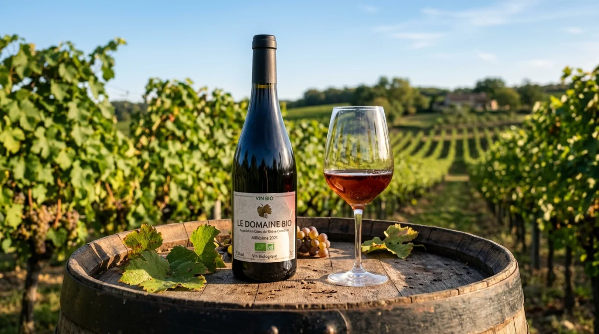 Bouteille et verre de vin bio sur tonneau en bois, vignoble ensoleillé en arrière-plan.