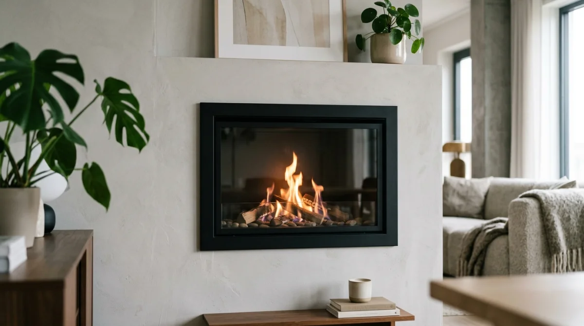 Cheminée bio éthanol moderne avec flamme chaleureuse dans un salon cosy.