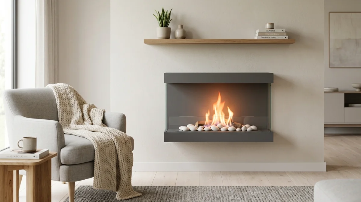 Cheminée au bioéthanol allumée dans un salon moderne, flamme chaleureuse et ambiance cosy.