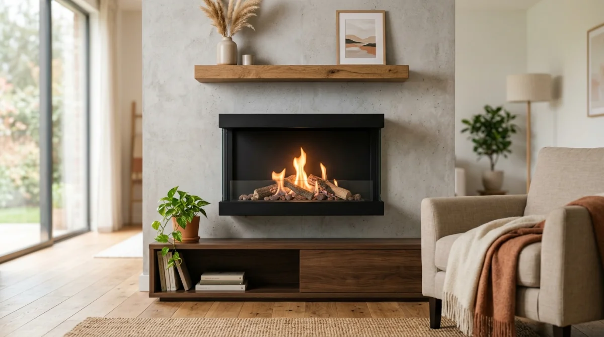 Cheminée bio éthanol moderne allumée, flamme orange chaleureuse dans un salon cosy.