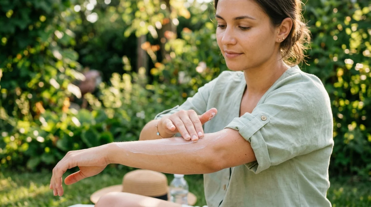 Application de crème solaire bio sur un bras, peau hydratée, arrière-plan naturel flou.