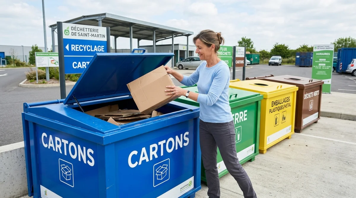 Femme triant des cartons en déchèterie à Saint-Michel-sur-Orge