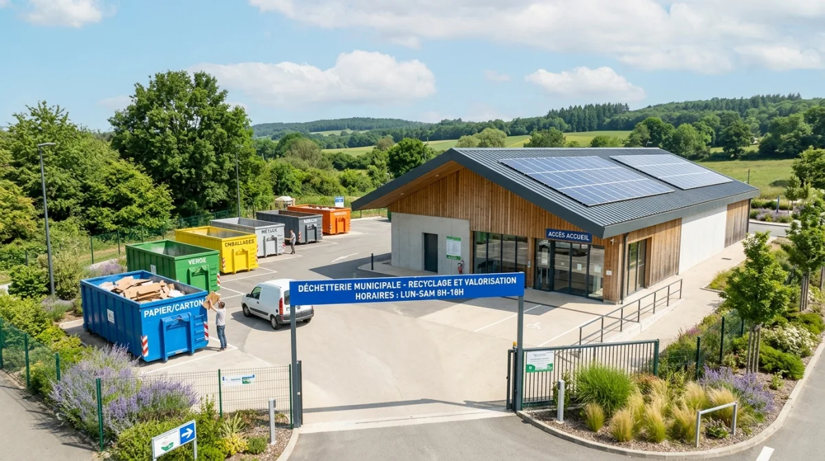 Déchetterie St Pierre du Perray : bâtiment moderne avec panneaux solaires et conteneurs organisés