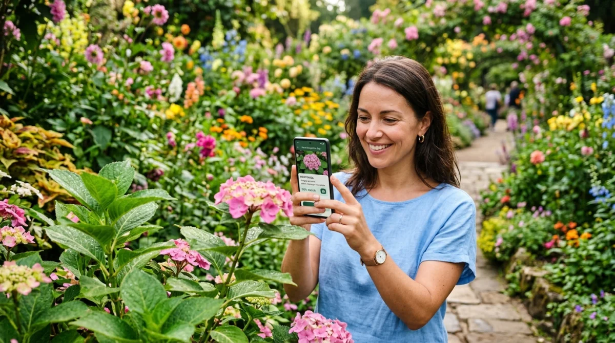 Femme souriante utilisant une application de reconnaissance de plantes sur smartphone dans un jardin botanique.