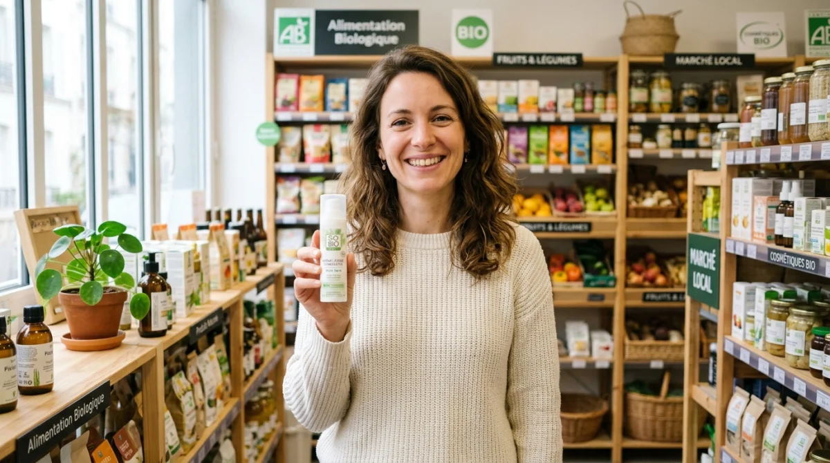 Femme souriante tenant un produit So bio etic dans une épicerie bio.