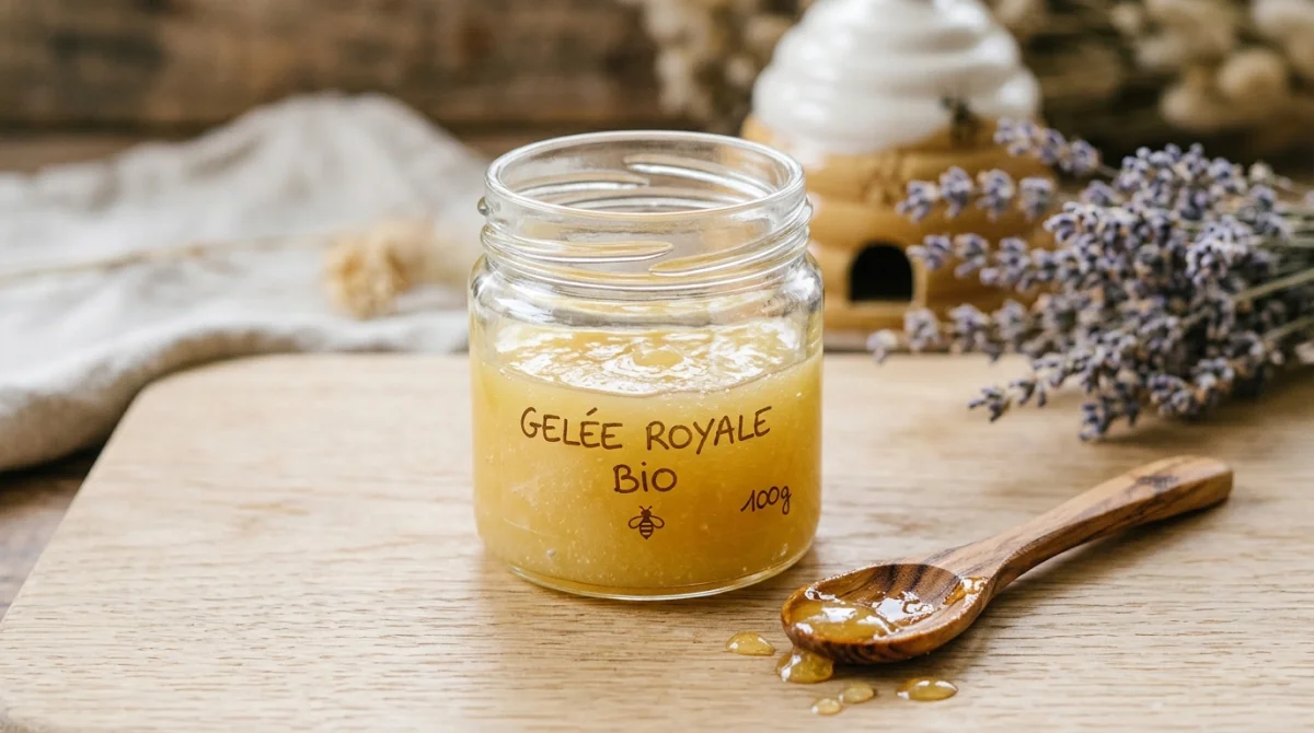 Pot de gelée royale bio nacrée avec cuillère en bois sur fond naturel