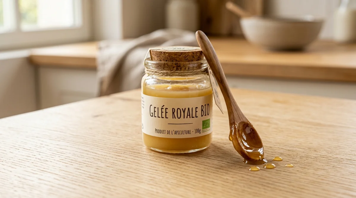 Pot de gelée royale bio avec cuillère en bois sur fond clair, produit naturel et sain.