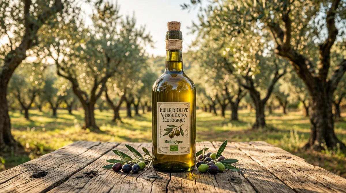 Bouteille d'huile d'olive bio dorée sur fond d'oliveraie ensoleillée.