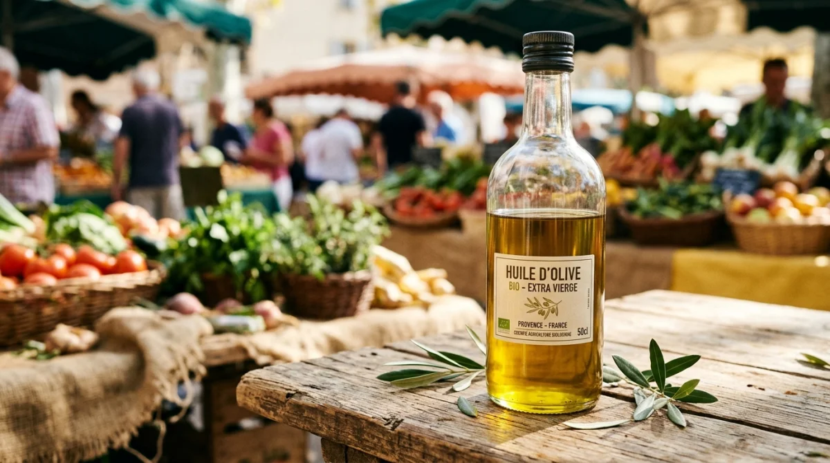 Bouteille d'huile d'olive bio sur fond de marché de producteurs, qualité naturelle et fraîcheur.