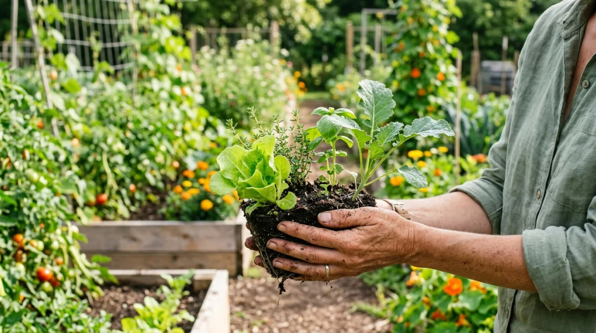 Mains tenant des plants de légumes et herbes aromatiques dans un jardin bio etic ensoleillé.