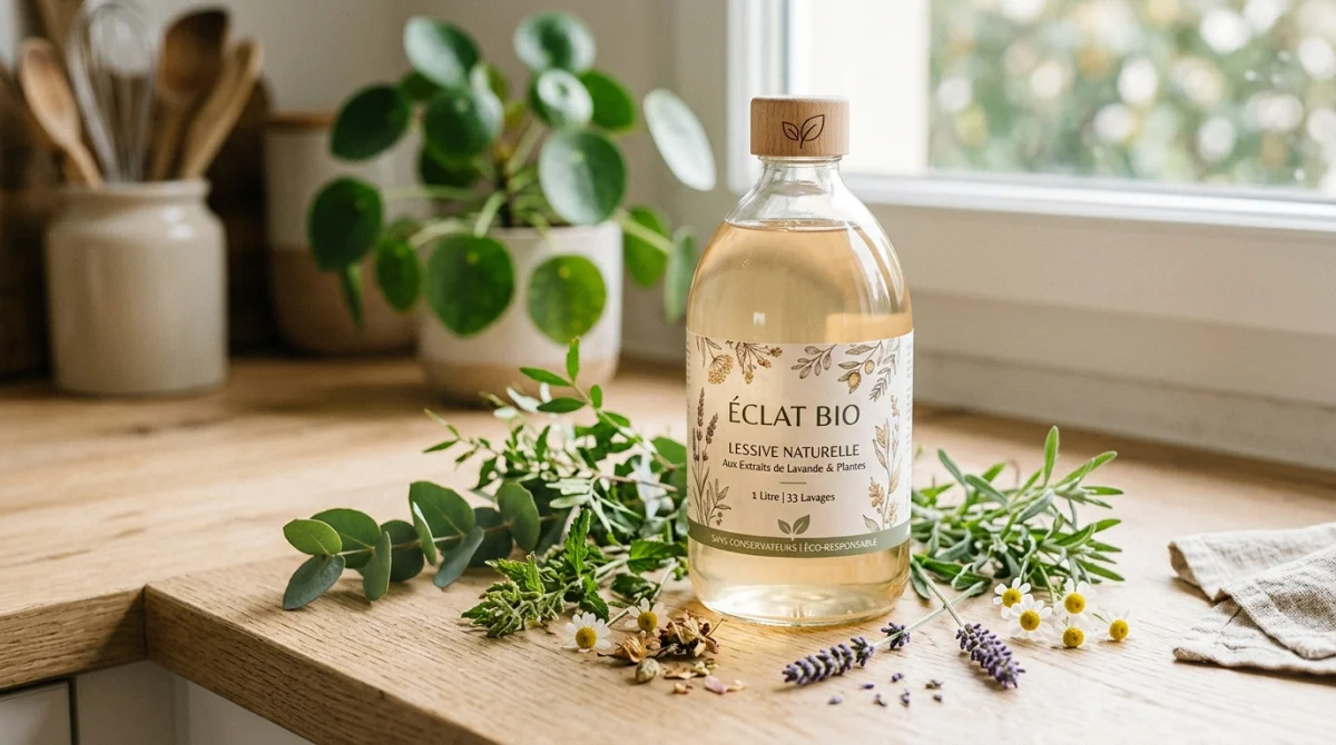 Bouteille de lessive bio stylisée avec ingrédients naturels sur fond de cuisine en bois clair