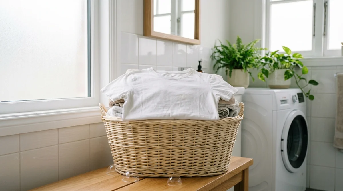 Tee-shirt blanc dans un panier à linge propre, salle de bain lumineuse, lessive bio.
