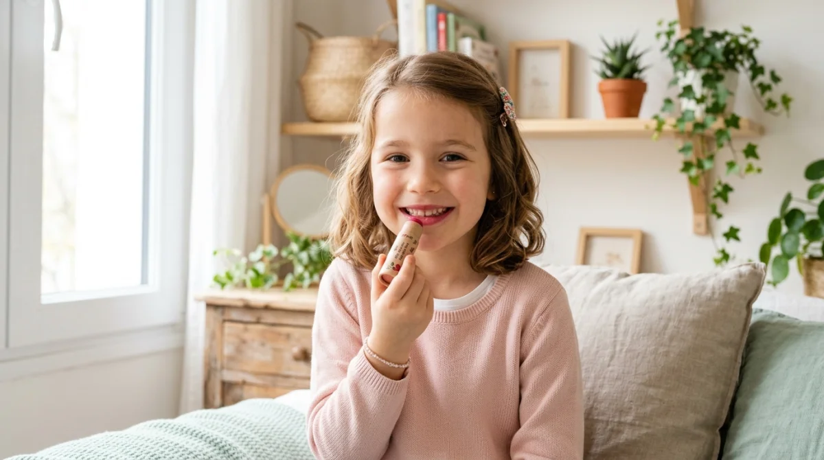 Fille souriante appliquant du maquillage enfant bio, ambiance naturelle et douce.