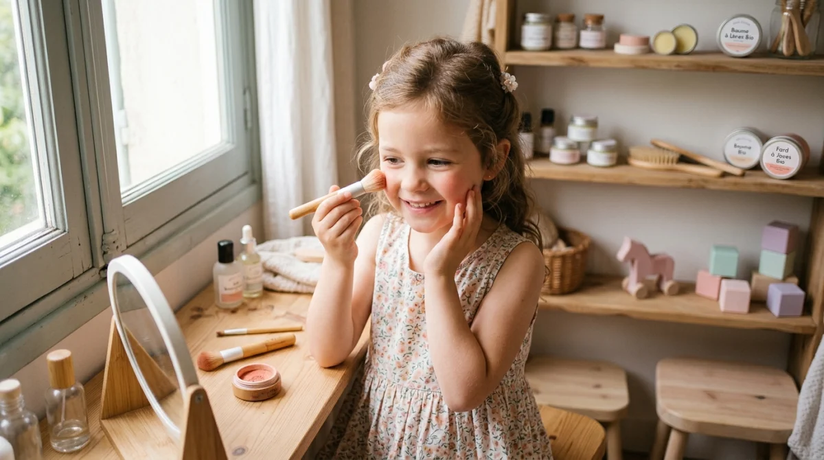 Jeune fille souriante appliquant du maquillage bio naturel, fard à joues pêche, dans un boudoir lumineux.