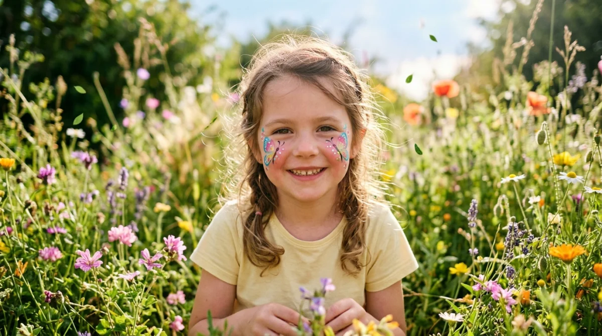 Fille souriante avec maquillage papillon bio dans un jardin ensoleillé