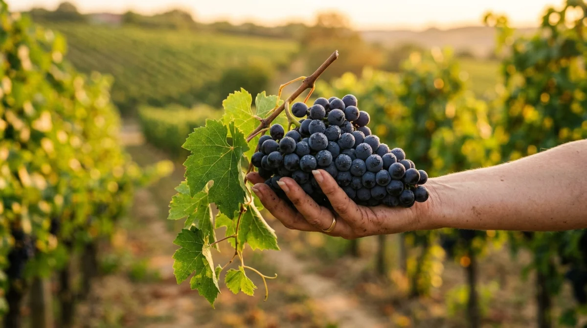 Main tenant une grappe de raisin noir mûr dans un vignoble au coucher du soleil, symbolisant les vins bio.