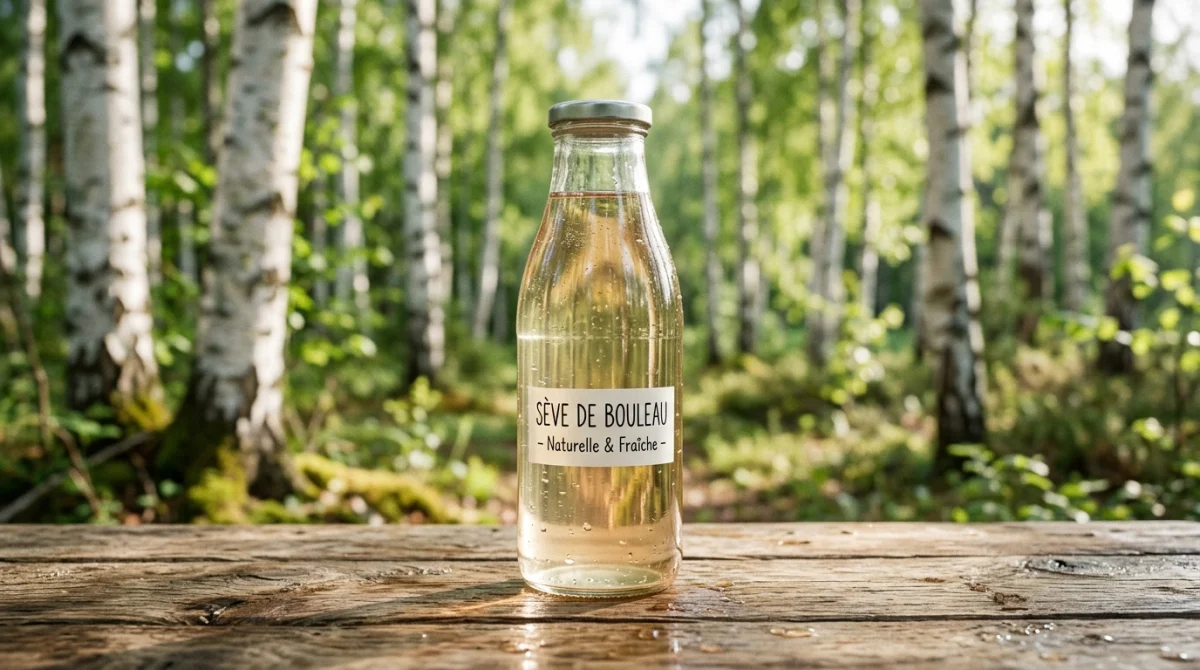 Bouteille de sève de bouleau bio fraîche dans une forêt ensoleillée.