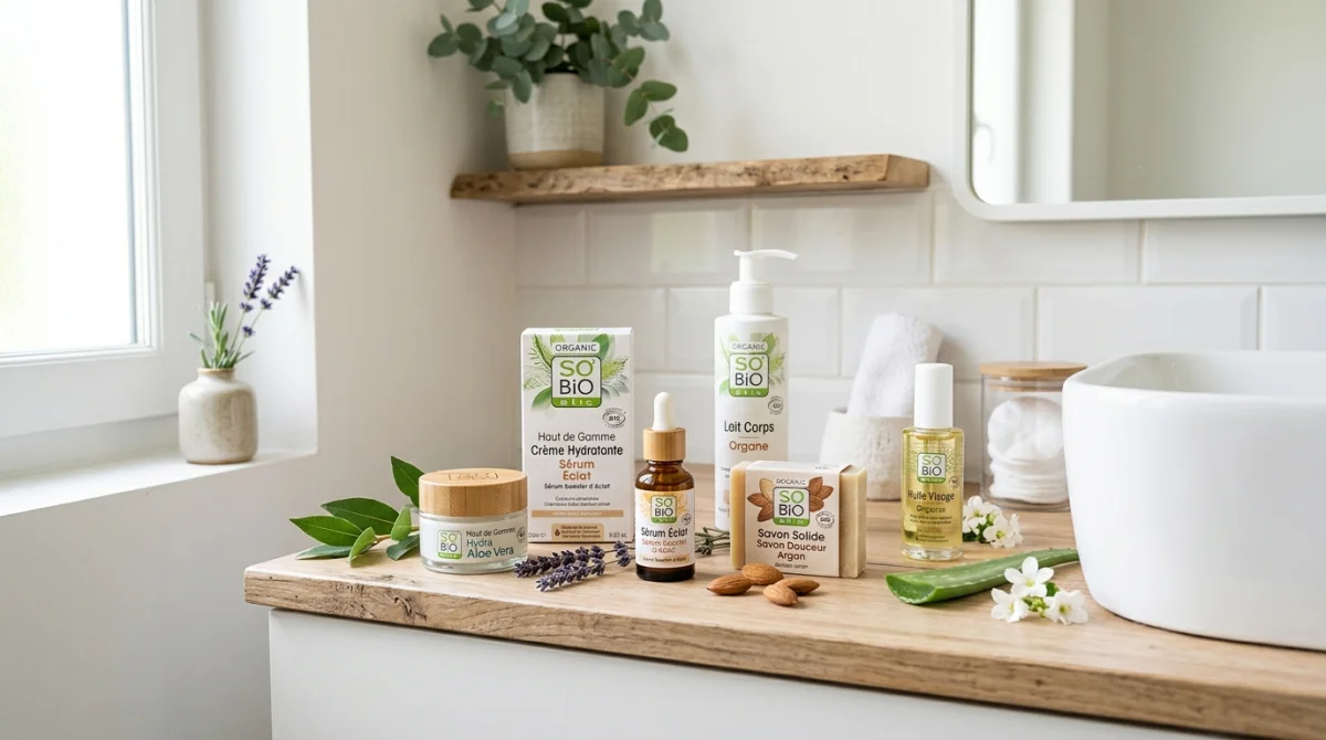 Sélection de cosmétiques bio So bio etic : crèmes, sérums et savons dans une salle de bain naturelle.