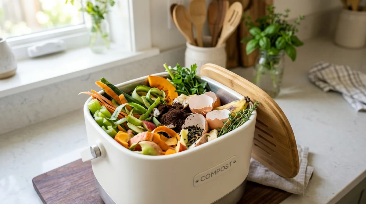 Composteur de cuisine moderne rempli de déchets organiques variés, sur un plan de travail lumineux.