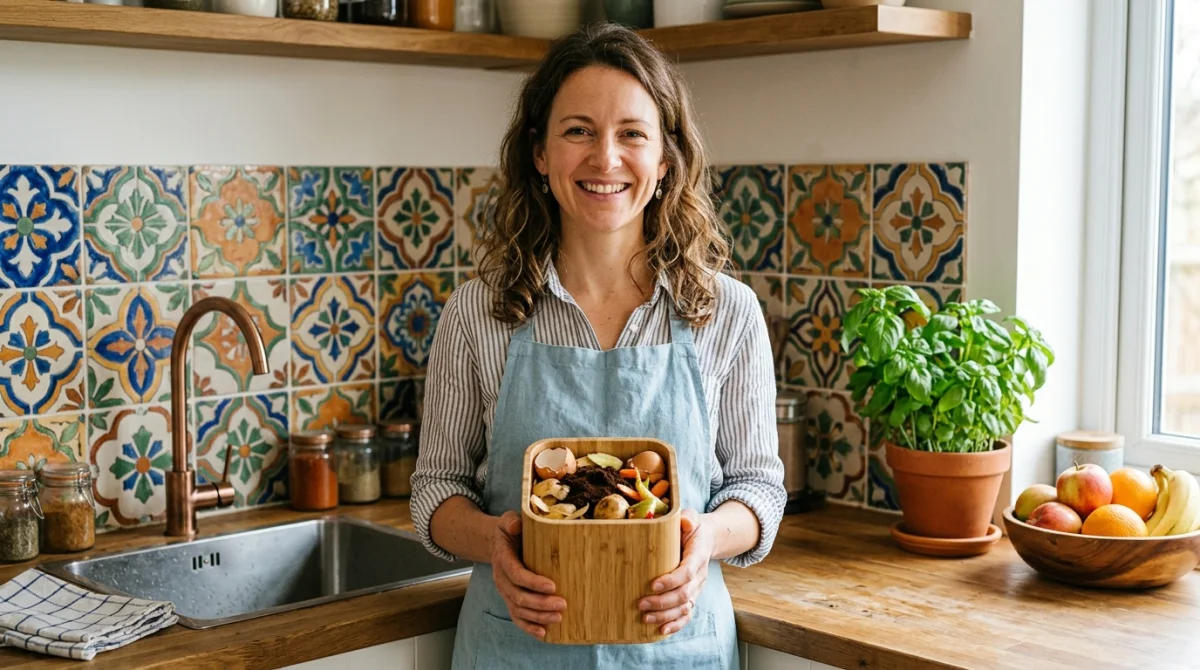 Femme souriante avec composteur de cuisine rempli d'épluchures et marc de café.