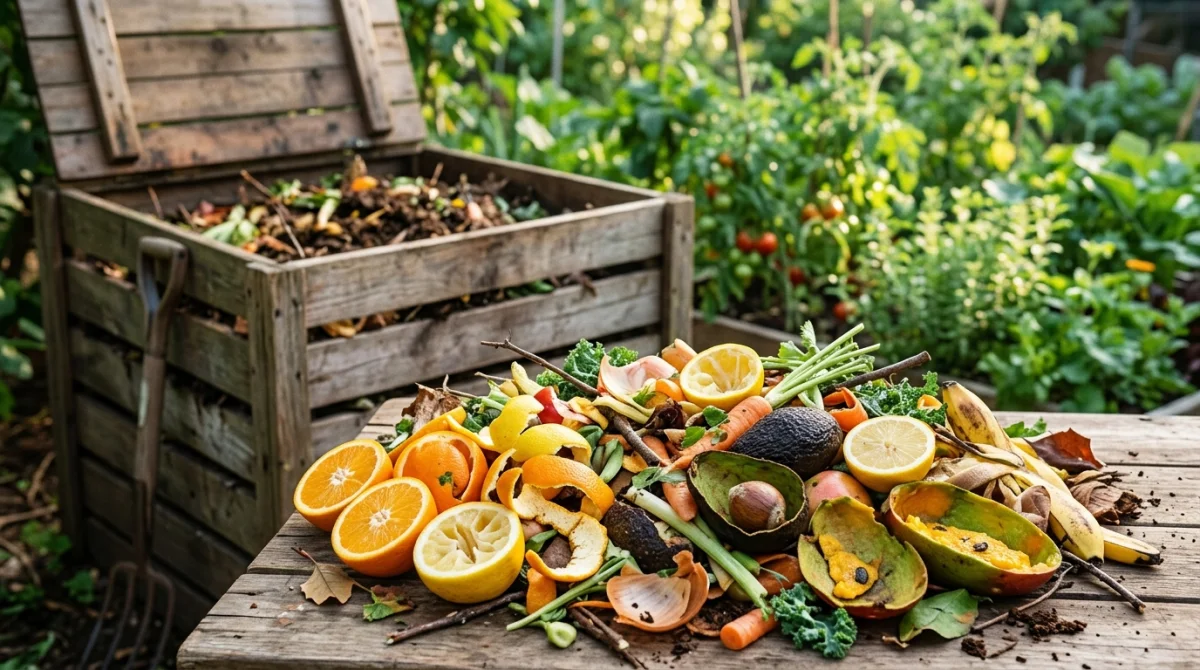 Déchets organiques variés pour composteur : agrumes, avocats, mangues, feuilles et brindilles.