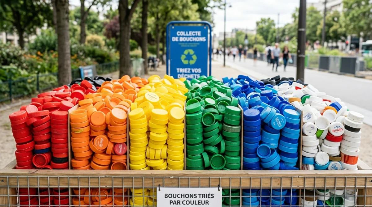 Pile de bouchons en plastique colorés triés, prête pour un point de collecte écologique.