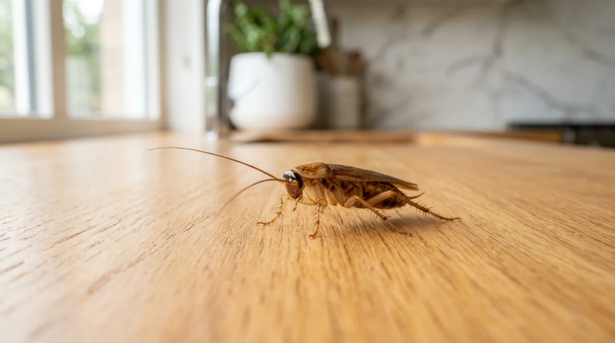 Gros plan sur un cafard posé sur une surface en bois, illustrant la signification d'un cafard dans la maison.