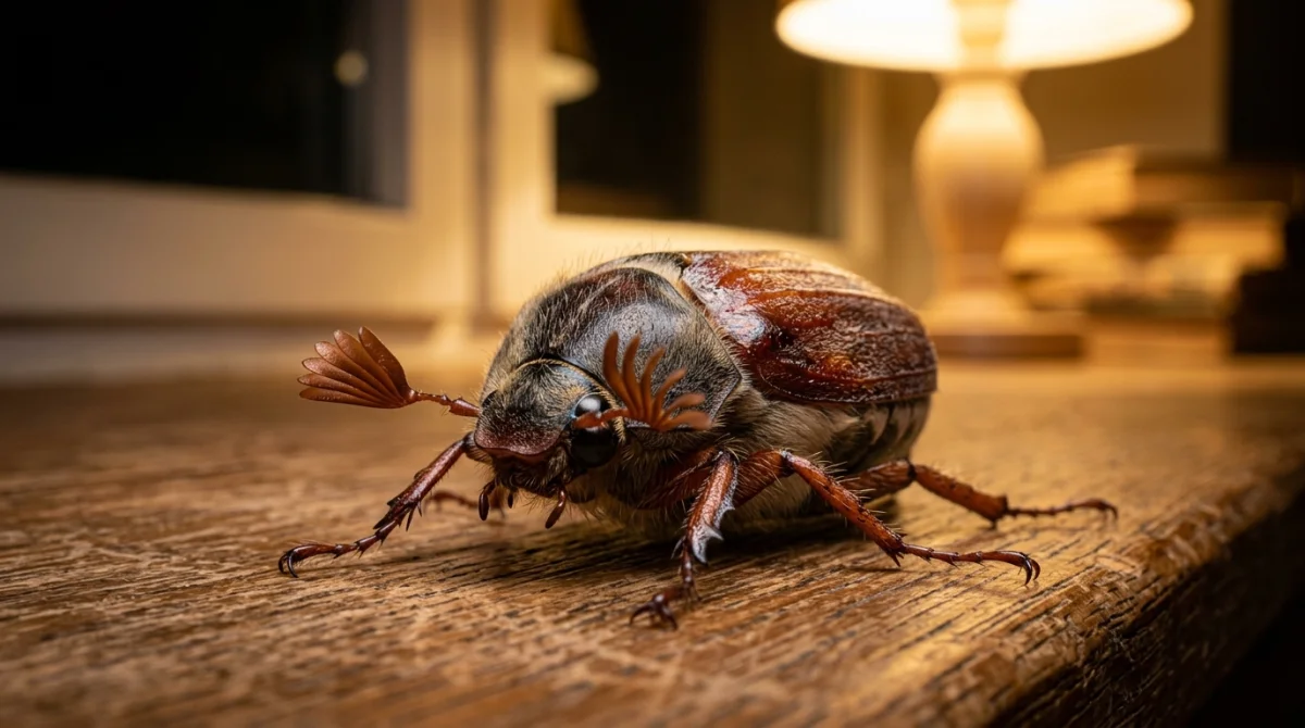 Gros plan d'un hanneton posé sur une surface en bois, illustrant la signification d'un hanneton dans la maison.