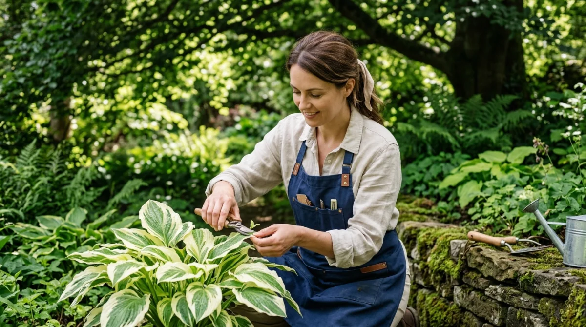 Jardinière s'occupant d'une plante pour ombre au feuillage panaché dans un jardin paisible sous les arbres.