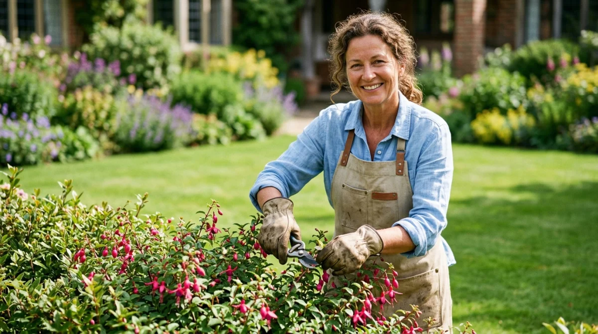 Jardinier souriant taillant une haie fleurie dans un jardin résidentiel pour choisir la meilleure plante pour les haies.