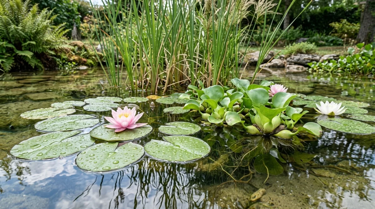 Assortiment de plantes aquatiques pour bassin avec nénuphars, jacinthes d'eau et roseaux dans un jardin paisible.
