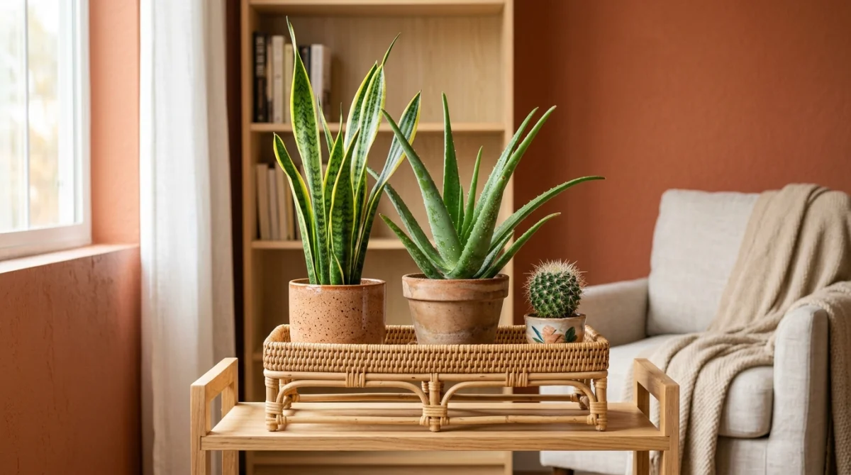 Trois plantes pour chambre, incluant Sansevieria et Aloe Vera, disposées sur un support en rotin dans une pièce lumineuse.