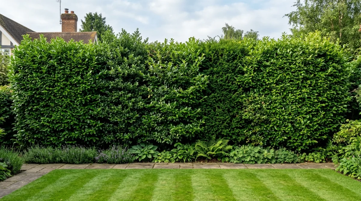 Haie dense et luxuriante composée de feuillages persistants variés dans un jardin résidentiel bien entretenu.