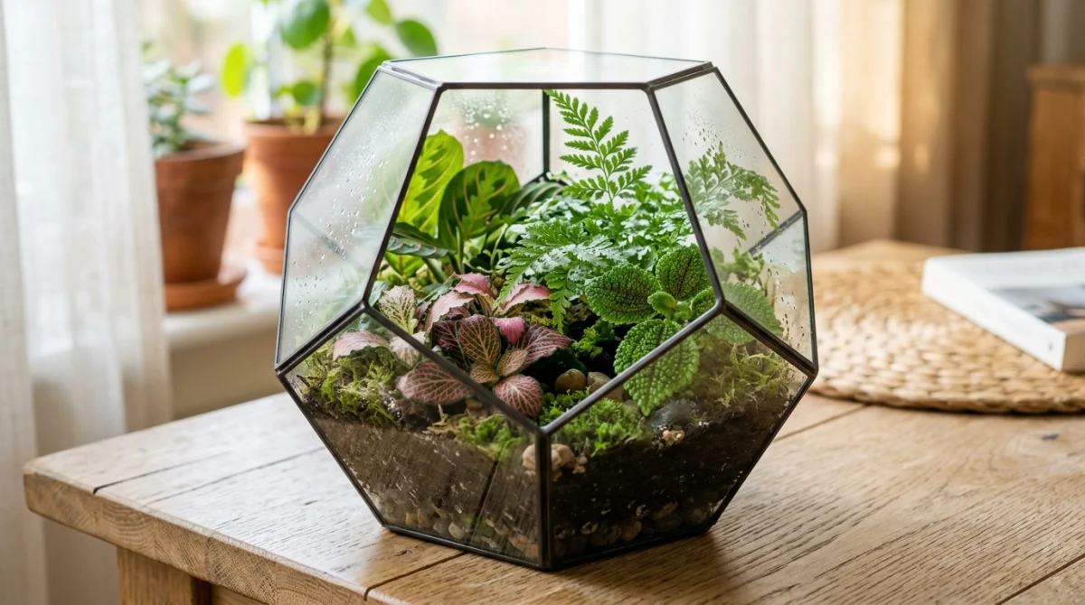 Terrarium moderne contenant des fittonias colorés, des fougères et un pilea, idéal comme plante pour terrarium d'intérieur.