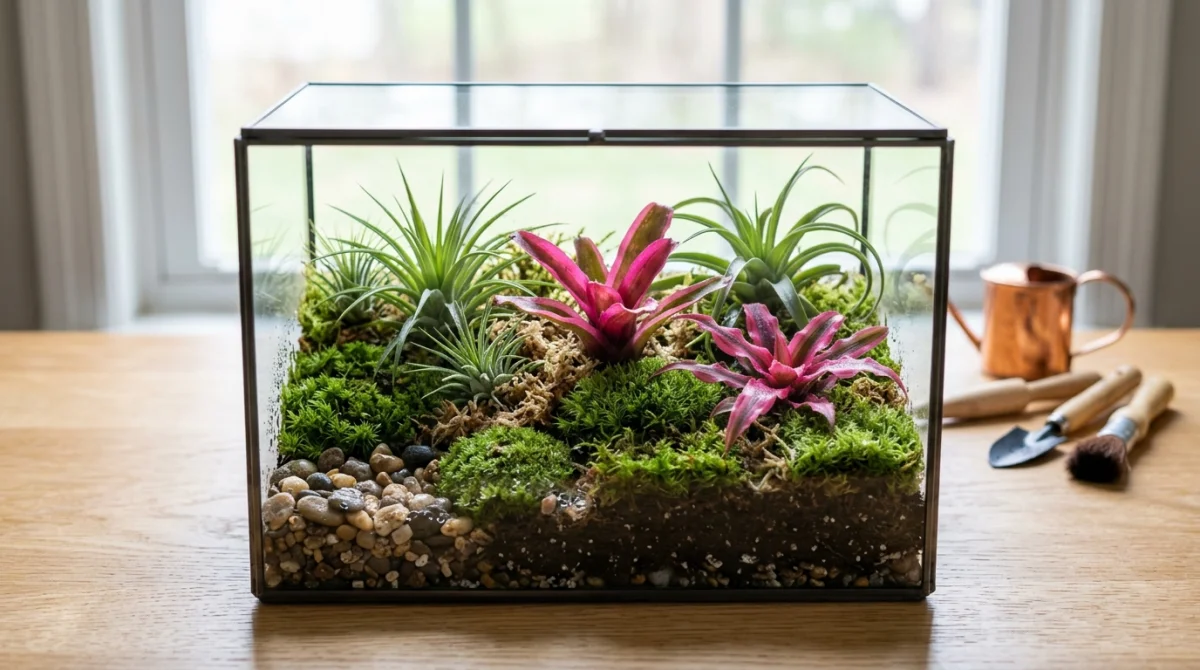 Terrarium moderne en verre contenant des mousses, tillandsias et broméliacées colorées, idéal comme plante pour terrarium décoratif.