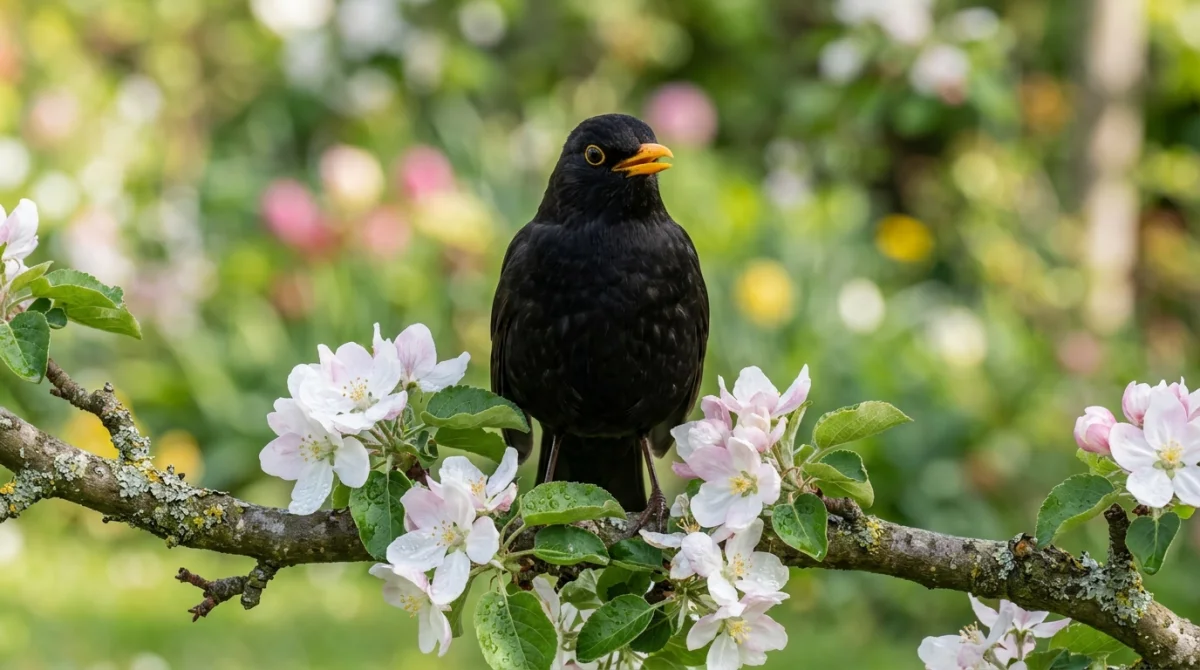 Merle noir au plumage brillant et bec orange perché sur une branche de pommier en fleurs printanières.