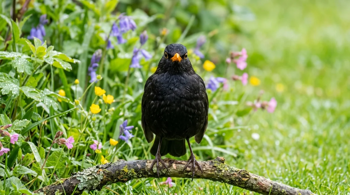 Merle noir au plumage brillant et bec orange vif posé sur une branche dans un jardin printanier.