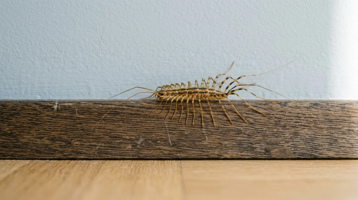 Mille-pattes domestique se déplaçant sur une plinthe en bois, illustrant la signification de leur présence dans la maison.