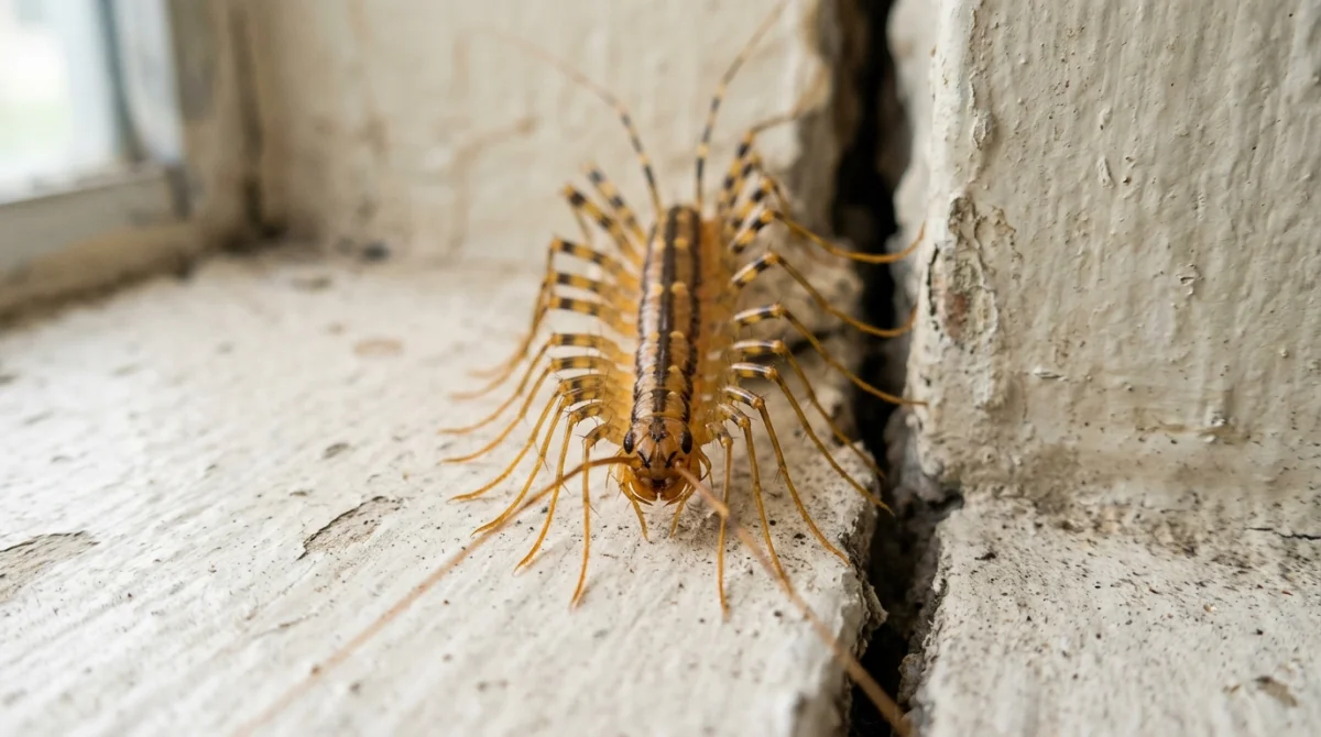 Gros plan détaillé d'un mille-pattes de maison se déplaçant près d'une fissure murale, illustrant sa signification domestique.