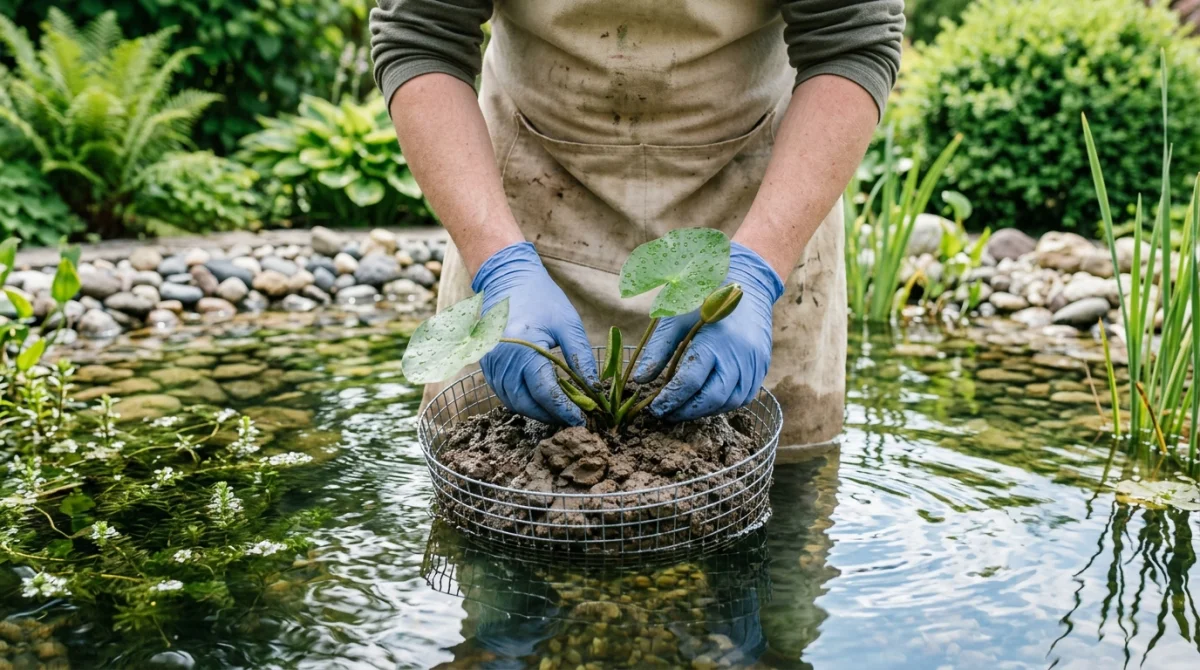 Jardinier installant un nénuphar dans un panier de plantation pour une plante aquatique pour bassin.