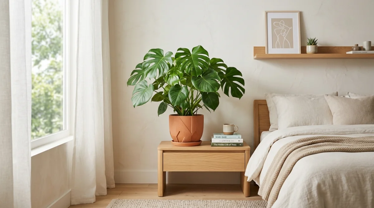 Plante d'intérieur luxuriante dans un pot en terre cuite posée sur une table de chevet moderne.