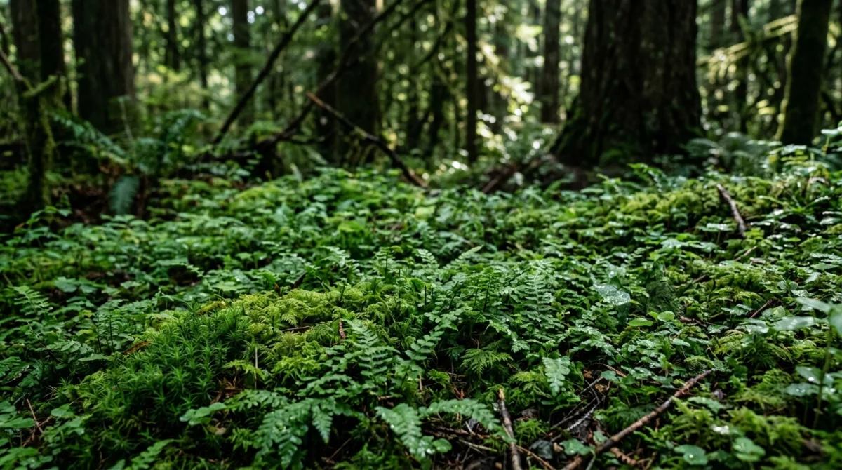 Tapis dense de fougères et mousses dans un sous-bois ombragé, idéal comme plante pour ombre naturelle.