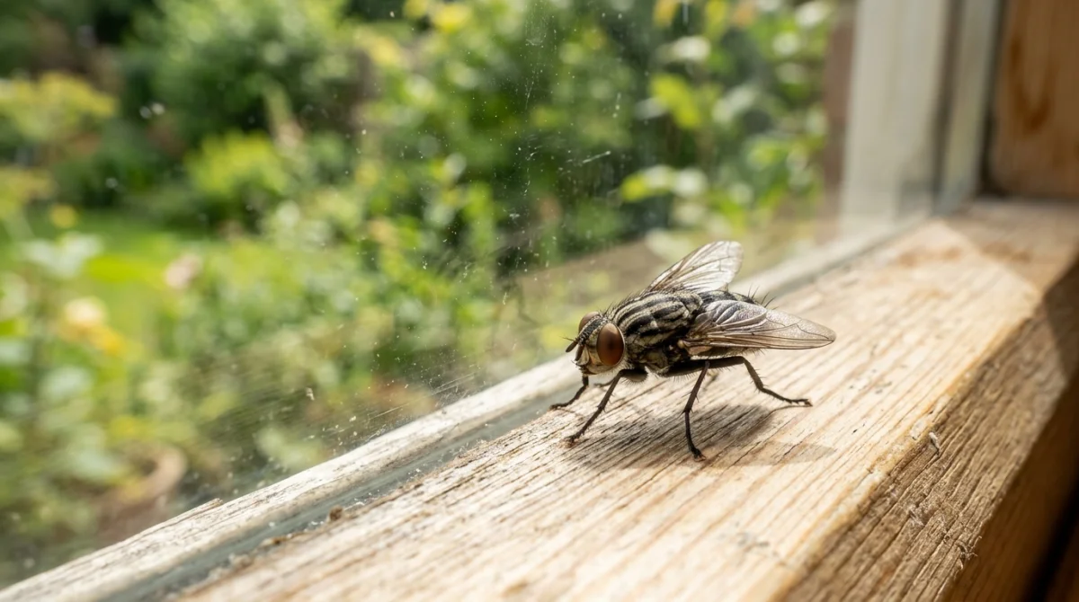 Mouche domestique posée sur un rebord de fenêtre en bois dans une cuisine lumineuse, illustrant sa signification symbolique.