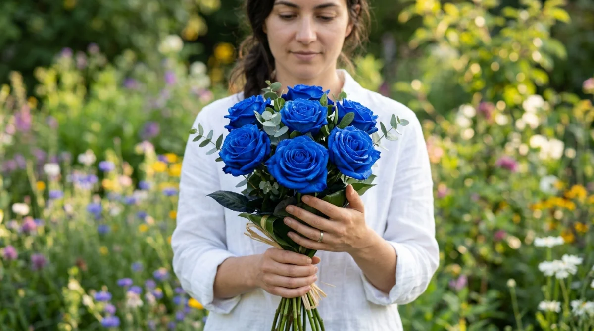 Personne tenant un bouquet de sept roses bleues éclatantes dans un jardin botanique ensoleillé, symbolisant la signification des roses bleues.