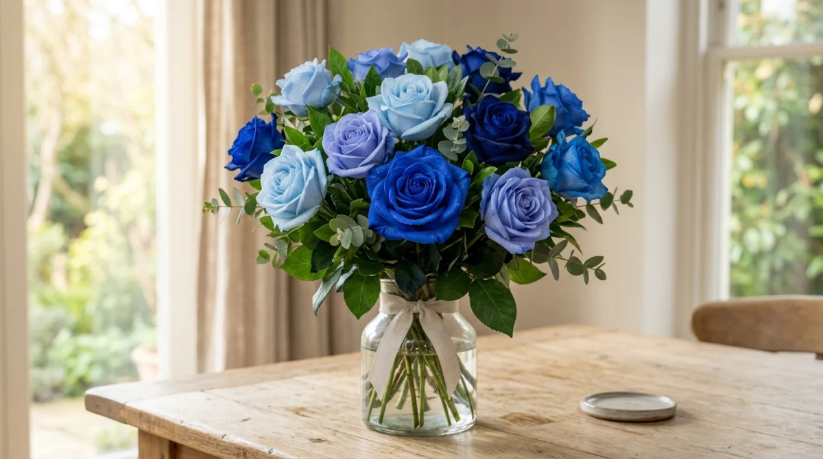 Bouquet élégant de roses bleues aux nuances variées posé sur une table en bois pour illustrer la signification des roses bleues.