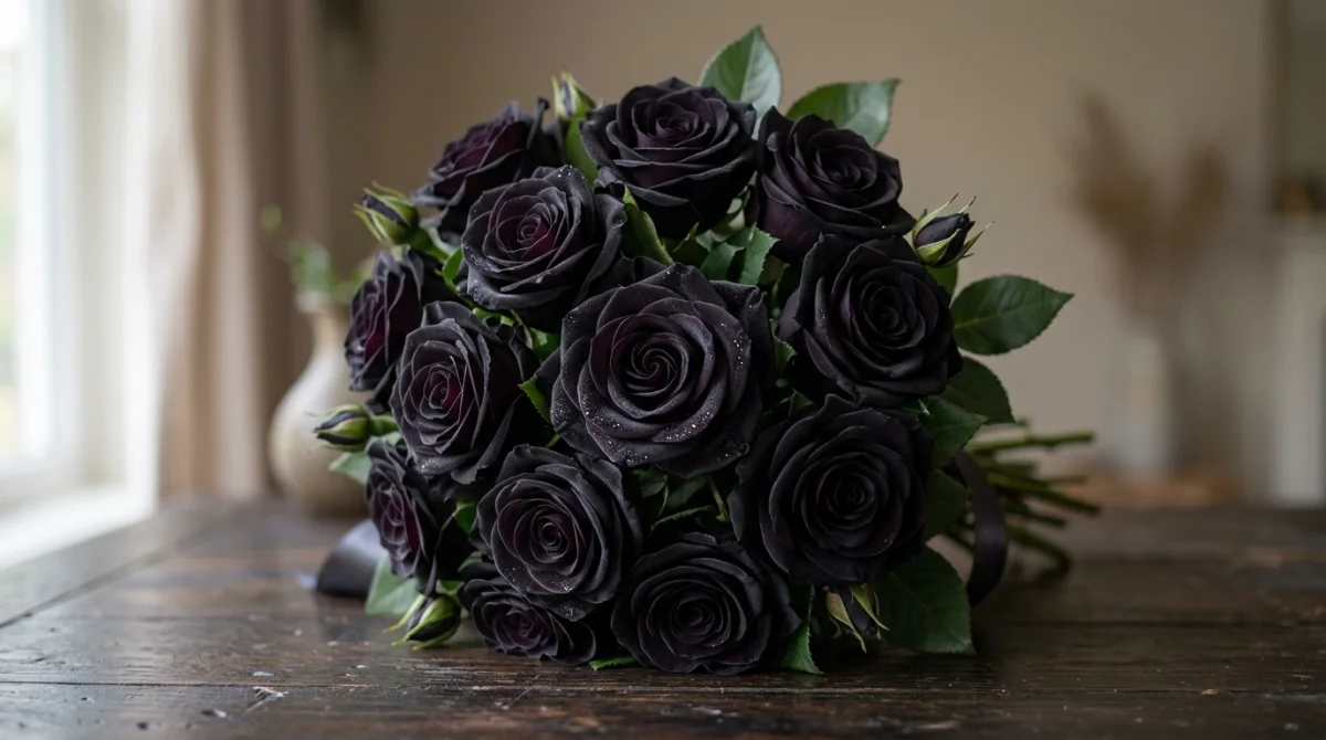 Bouquet élégant de roses noires aux pétales veloutés, illustrant la signification mystérieuse des roses noires sur fond sombre.