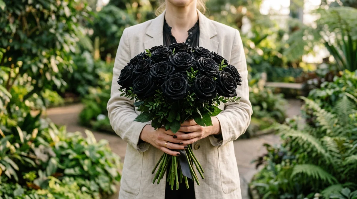 Personne élégante tenant un bouquet de roses noires veloutées dans un jardin pour illustrer la signification des roses noires.